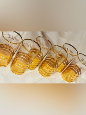 Antique Fine Art Clear Glass Original Vintage 6 Glasses Gold Striped Deco Style